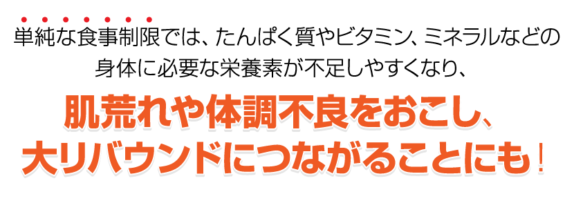 単純な食事制限では、たんぱく質やビタミン、ミネラルなどの身体に必要な栄養素が不足しやすくなり、肌荒れや体調不良をおこし、大リバウンドにつながることにも！