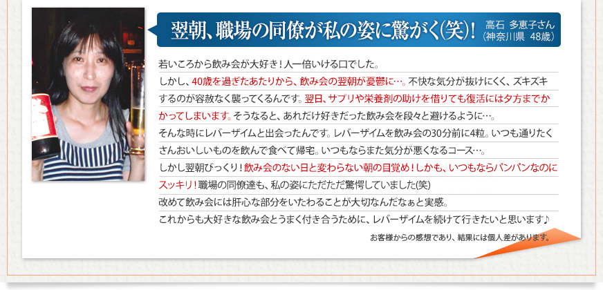 「翌朝、職場の同僚が私の姿に驚がく（笑）！」 高石　多恵子さん（神奈川県　48歳） 
若いころから飲み会が大好き！人一倍いける口でした。しかし、40歳を過ぎたあたりから、飲み会の翌朝が憂鬱に…。不快な気分が抜けにくく、ズキズキするのが容赦なく襲ってくるんです。翌日、サプリや栄養剤の助けを借りても復活には夕方までかかってしまいます。そうなると、あれだけ好きだった飲み会を段々と避けるように…。そんな時にレバーザイムと出会ったんです。レバーザイムを飲み会の30分前に4粒。いつも通りたくさんおいしいものを飲んで食べて帰宅。いつもならまた気分が悪くなるコース…。しかし翌朝びっくり！飲み会のない日と変わらない朝の目覚め！しかも、いつもならパンパンなのにスッキリ！職場の同僚達も、私の姿にただただ驚がくしてました(笑)改めて飲み会には肝心な部分をいたわることが大切なんだなぁと実感。これからも大好きな飲み会とうまく付き合うために、レバーザイムを続けて行きたいと思います♪
