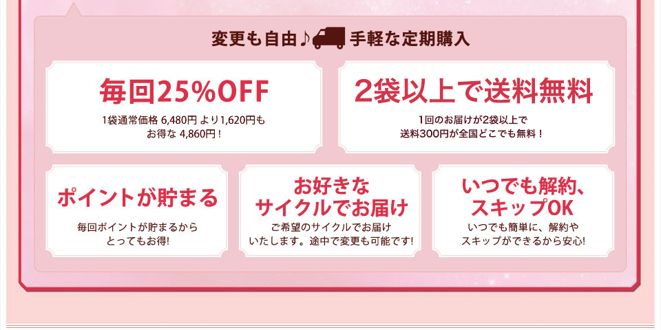 変更も自由♪手軽な定期購入　毎回25%OFF　2袋以上で送料無料　ポイントが貯まる　お好きなサイクルでお届け　いつでも解約、スキップOK