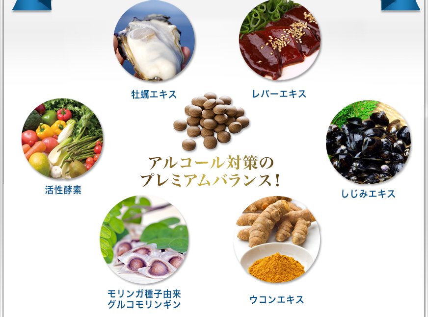 牡蠣エキス、レバーエキス、活性酵素、ウコンエキス、しじみエキス、ビタミンB2、ビタミンE、EPA・DHA、しそ油　飲み会のお供のプレミアムバランス！