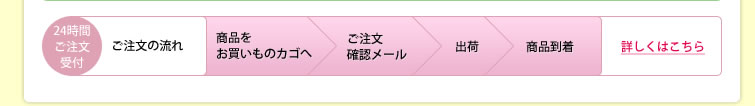 24時間ご注文受付
                                                        ご注文の流れ
                                                        商品をお買い物カゴへ→ご注文確認メール→出荷→商品到着